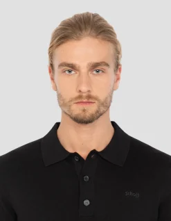 Pull col polo noir en maille fine - NOIR