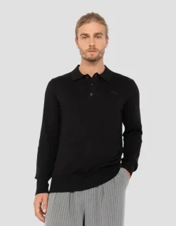 Pull col polo noir en maille fine - NOIR