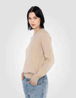 Pull col rond beige clair en maille fine - BEIGE CLAIR
