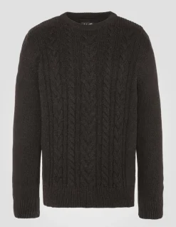 Pull col rond marron foncé à torsades islandaises en fil recyclé - MARRON FONCÉ