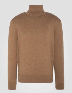 Pull col roulé camel en maille fine - CAMEL