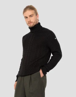 Pull col roulé noir, maille torsadée - NOIR