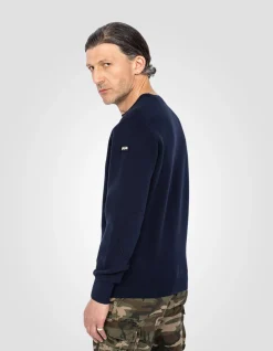 Pull militaire bleu marine à col rond - MARINE