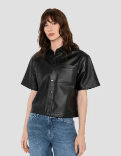 Surchemise noire manches courtes, cuir d'agneau - NOIR