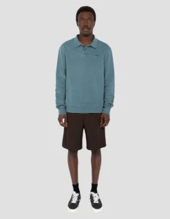 Sweatshirt col polo bleu, effet délavé - BLEU MINÉRAL