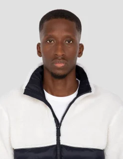 Veste blance cassé et bleu marine bi matière sherpa et nylon doudouné - BLANC CASSÉ/MARINE