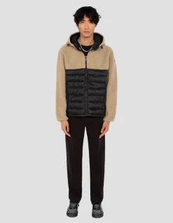 Veste à capuche beige et noire bi matière sherpa et nylon doudouné - BEIGE/NOIR