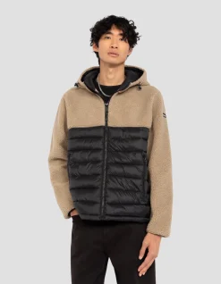 Veste à capuche beige et noire bi matière sherpa et nylon doudouné - BEIGE/NOIR