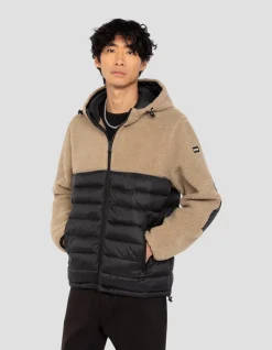 Veste à capuche beige et noire bi matière sherpa et nylon doudouné - BEIGE/NOIR