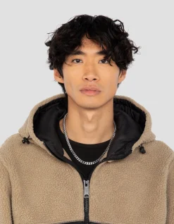 Veste à capuche beige et noire bi matière sherpa et nylon doudouné - BEIGE/NOIR