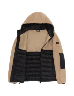 Veste à capuche beige et noire bi matière sherpa et nylon doudouné - BEIGE/NOIR