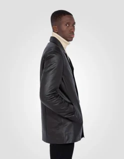 Veste droite noire mi-longue, cuir de vachette - NOIR